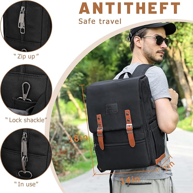 HFSX Vintage Backpack Laptop Backpack Men Women Business Travel Computer Backpack College Bookbag Stylish Water Resistant Vintage Backpack with USB Port Fits 15.6 Inch Laptop Black