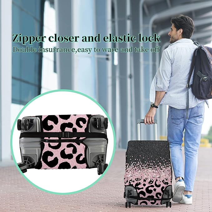 Luggage Cover + Tag, Pink Leopards Travel Suitcase Cover for 18-20 inch Luggage (S) with Concealed Zipper, Washable Elastic Cloth, Dustproof, Anti-Scratch