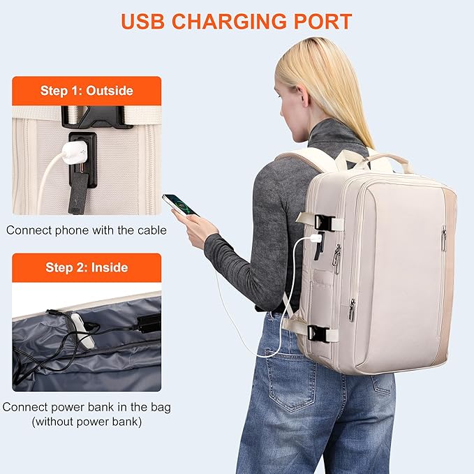 PIJUSHI Travel Backpack for Women Expandable Carry on Luggage Backpack Airline Approved Personal Item Laptop Bag(PE034 Classic Beige)