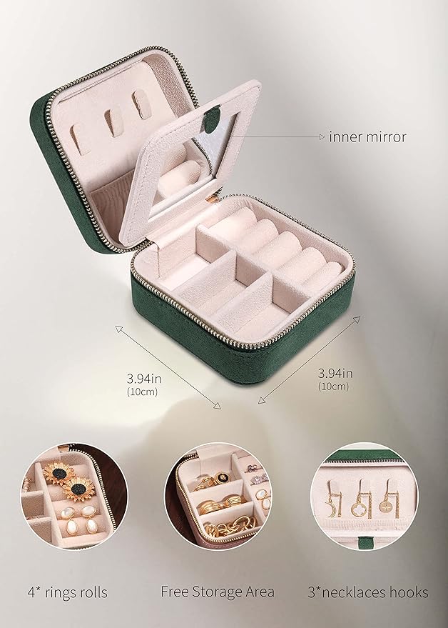 S.Leaf Travel Jewelry Organizer Travel Jewelry Boxes for Women Small Jewelry Travel Case Box Portable Travel Jewelry Case Travel Case Mini Jewelry (08_Suede_Touch_Emerald)