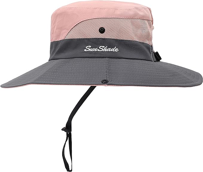 Womens Summer Sun Hat Beach Hat Wide Brim Outdoor UV Protection Hat Foldable Cool Mesh Ponytail Bucket Hat