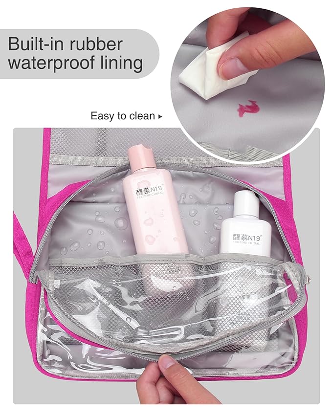 Relavel HangingTravel Toiletry Bag for Women, Large Capacity Toiletries Bag, Travel Essentials Organizer, Hanging Makeup Case for Accessories, Waterproof Bathroom Shower Bag (hot pink)