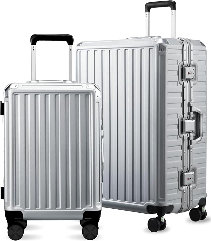 LUGGEX Luggage Sets with Spinner Wheels, 2 Piece (20/28) Aluminum Frame Zipperless Polycarbonate Hard Shell Suitcase Sets, Silver Grey