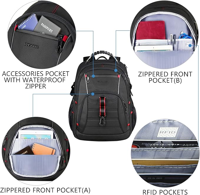 KROSER Travel Laptop Backpack 17.3 inch XL Computer Backpack Stylish College Backpack with RFID Pockets USB Charging Port REFLECTIVE STRIPS Water-Repellent Daypack for Business/Men