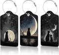 3 Pack Black Cat Luggage Tags for Suitcases, Moon Night Cute Leather Name Tag with Privacy Cover with Stainless Steel Loops, Travel ID Bag Tags for Women Men
