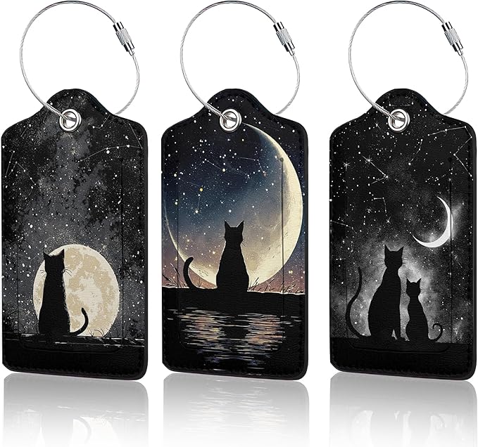 3 Pack Black Cat Luggage Tags for Suitcases, Moon Night Cute Leather Name Tag with Privacy Cover with Stainless Steel Loops, Travel ID Bag Tags for Women Men