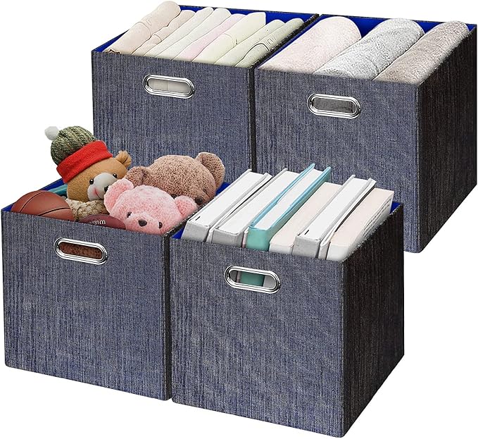 Storage Cube Basket Bins,13×13 Foldable Storage Containers for Shelf Cabinet Bookcase Boxes,Thick and Heavy Duty Fabric Drawer (4pcs, blue)