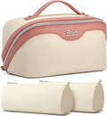 BOYATU Travel Makeup Bag Organizer Cosmetic Bag: 3 Pcs Set Make up Bags for Women with Handle - Waterproof Vegan Leather Toiletry Bags with Comparments (D-02-White)
