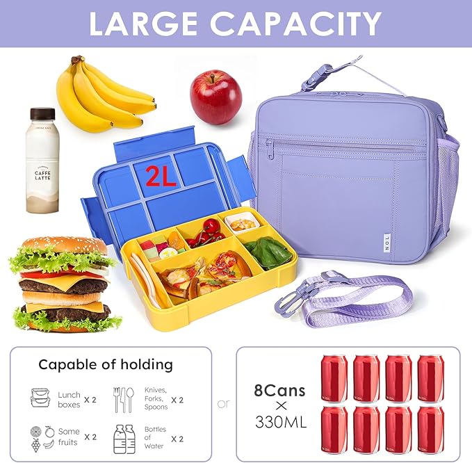 NOL Kids Lunch Bag -Kids 3+ Reusable Insulated Lunch Box with Zipper Closure Buckle Handle Adjustable Long Shoulder Strap, Easy-Clean Waterproof Fabric, Children Lunch Tote Bag for School-Light purple