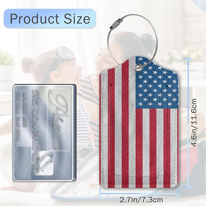 Luggage Tags for Suitcase,American Flag Luggage Tags of Set 2 Leather Identifiers Privacy Cover with Stainless Steel Loop for Women Men Travel Bag Suitcase