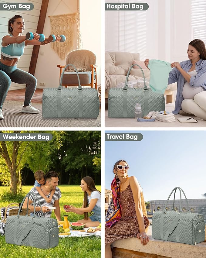 Weekender Travel Duffle Bag for Women - Carry on Bag with Shoe Compartment Overnight Bags with Toiletry Bag Wet Pocket Weekend Traveling Yoga Gym Hospital Bags for Labor and Delivery Green