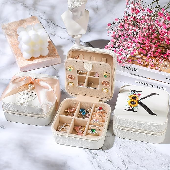 AYGXU Travel Jewelry Box for Women and Girls - Small Case With Initial A-Z - Teacher Gifts