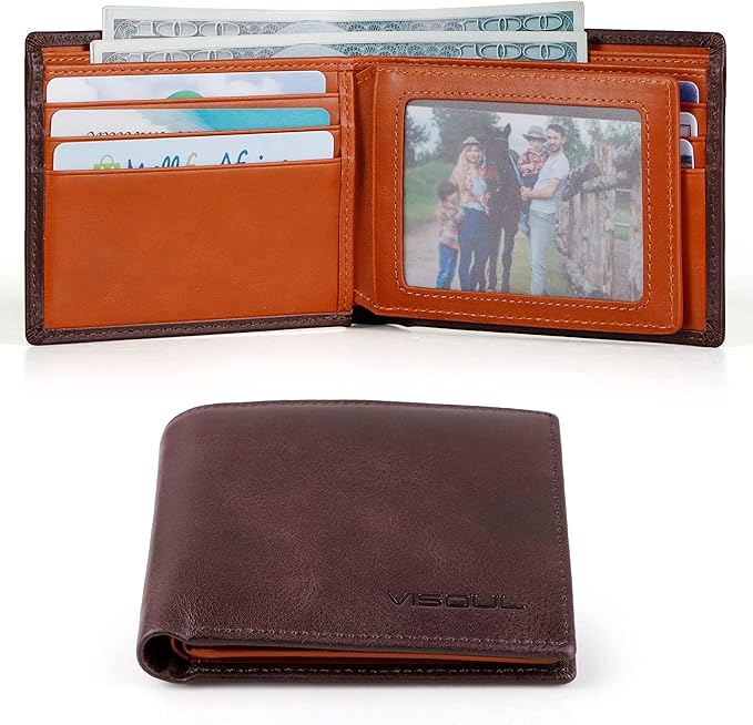 VISOUL Men's Leather RFID Blocking Wallet Extra Capacity, Bifold Security Wallet for men with 2 ID Windows 8 Card Slots 2 Cash Compartments (Coffee and Dark Orange)