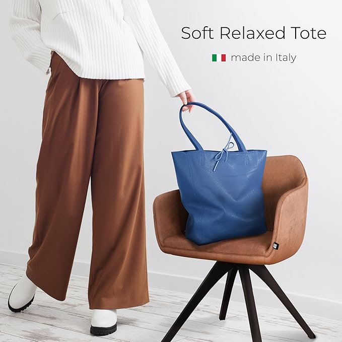 Italian Calf Leather Tote for Women with Zipper, Inner Pocket & Flat Base | Soft Unlined Shopper for Work & Travel