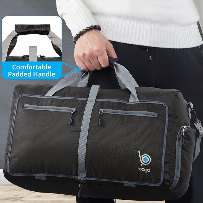 Bago Foldable Duffel Bags for Traveling Women & Men - 60L Medium Packable Duffle Bag for Travel with Shoe Compartment - Water Repellant, Heavy Duty, Lightweight Folding & Collapsible (Black)