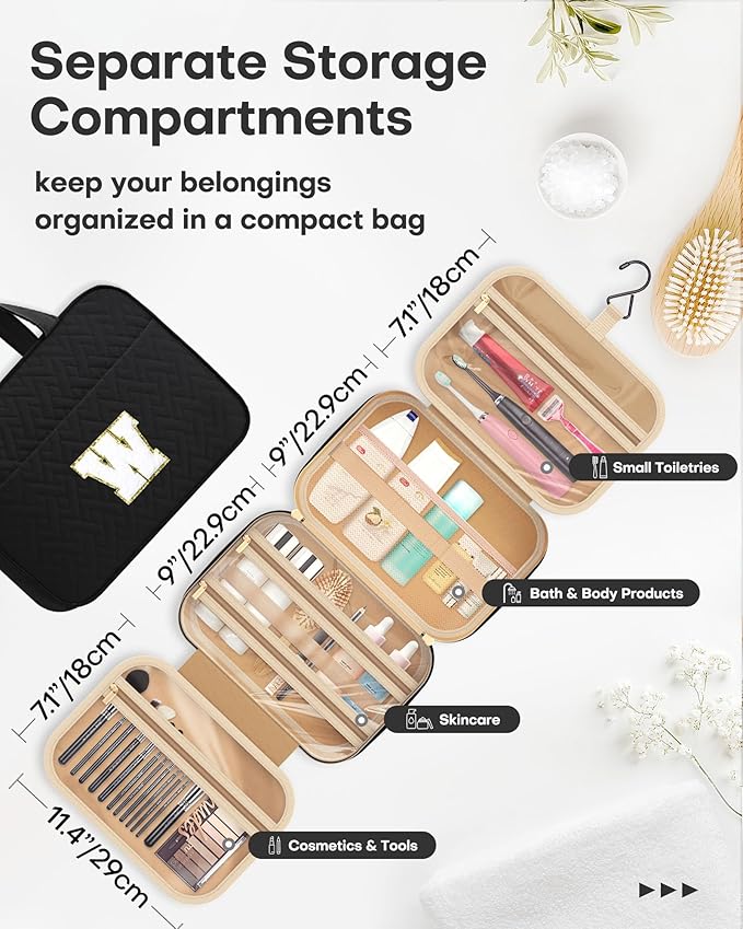 HOTOR Travel Toiletry Bag - Personalized Chenille Initial Makeup Bag, Water-Resistant Personalized Gifts for Women, Portable Travel Accessories & Essentials, Letter W, Black, 11.4"×9.0"×3.35"
