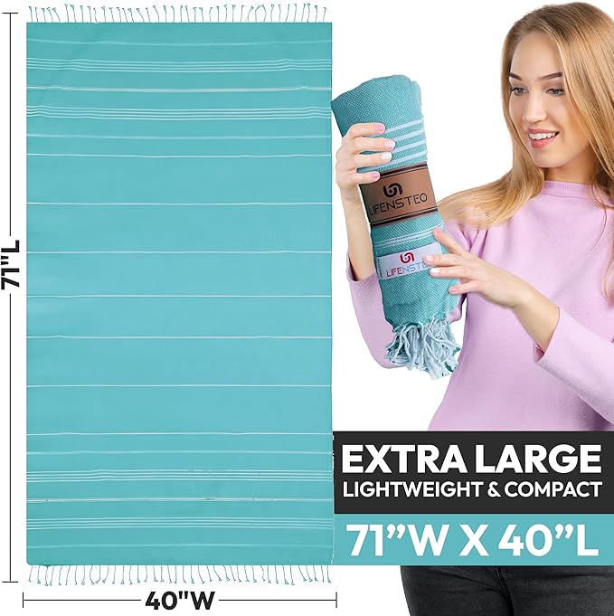 Turkish Beach Towel - 40x71 inch Oversized Sand Resistant Prewashed Turkish Towel - 100% Turkish Cotton Quick Drying, Compact, Lightweight Turkish Towel for Beach, Bath, Pool, Gym, Yoga.