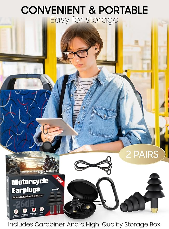 Motorcycle Ear Plugs, 2 Pairs Reusable Silicone, 26dB Wind Noise Reduction & Ear Protection Earplugs with Safety Cord & Travel Case, Comfort Fit for Motorbike, Highway Riding, Touring & Shooting
