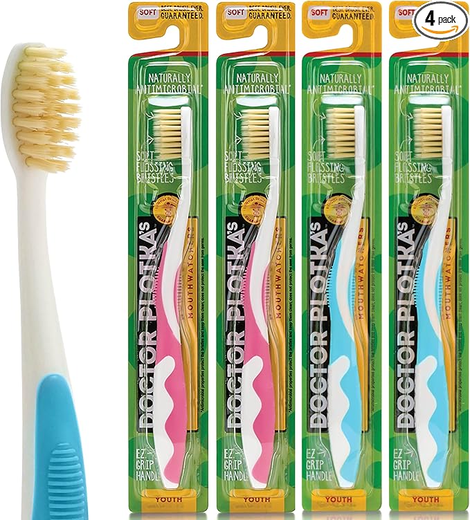 MOUTHWATCHERS Soft Childrens Flossing Manual Toothbrush, Value Pack of 4, Pink and Blue, Toothbrushes for Kids & Teens, Ultra Clean, by Dr. Plotka's