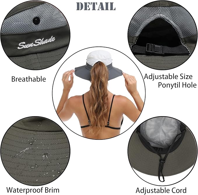 Womens Summer Sun Hat Beach Hat Wide Brim Outdoor UV Protection Hat Foldable Cool Mesh Ponytail Bucket Hat