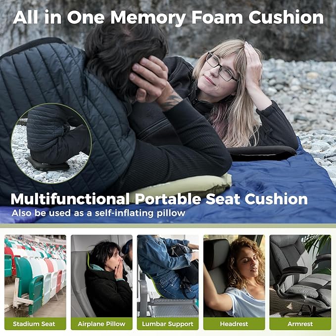 ATEPA Inflatable Stadium Seat Cushion, Self-Inflating Memory Foam Stadium Seats Bleacher Seat Chair Cushion Pad for Airplane Travel Backpacking Sports Events