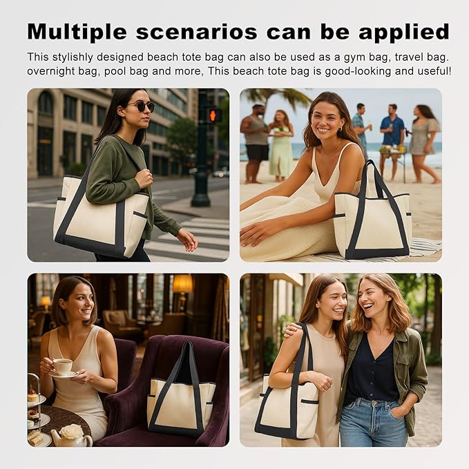 Large Canvas Tote Bag,White and Green, with Laptop Sleeve and Multiple Pockets