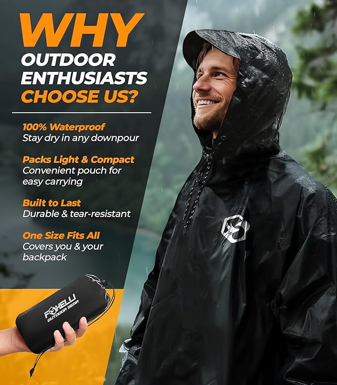 Foxelli Rain Poncho for Adults – Extra Long Reusable Waterproof Raincoat with Hood, Lightweight for Hiking, Camping, Outdoors