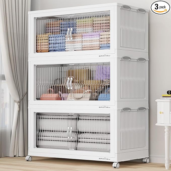 BROVIEW 600Qt Extra Large Stackable Storage Bins with Lid, Closet Organizer Collapsible Drawer Boxes with Wheels, Folding Plastic Cabinet Containers for Home Kitchen Room Organization, 3Pack White