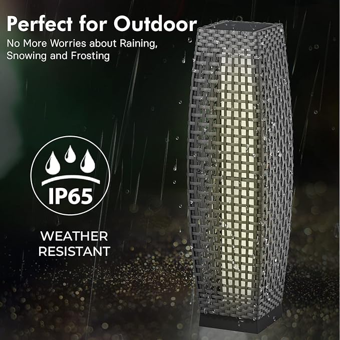 Grand patio Outdoor Floor Lamp Solar Powered Lantern Water-Resistant Wicker Deck Light for Garden or Porch - Medium Fuji, Silver Gray