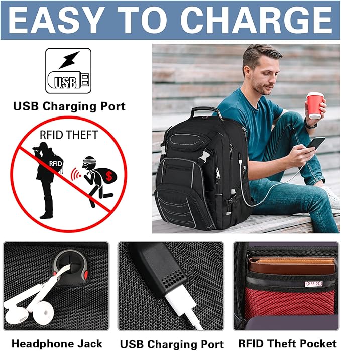 18.4 Laptop Backpack for Men, 60L Extra Large Gaming Laptops Backpack with USB Charger Port,TSA Friendly Flight Approved RFID Anti-Theft Pocket Heavy Duty Computer Bag Backbag,21.2*15.5*11.5 inch Grey