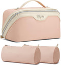 BOYATU Travel Makeup Bag Organizer Cosmetic Bag: 3 Pcs Set Make up Bags for Women with Handle - Waterproof Vegan Leather Toiletry Bags with Comparments (D-04-Pink)