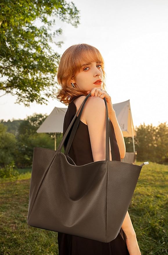 KALIDI Large Tote Bag Vegan Leather Casual Zipper Work Bag Weekender Hobo for Women 23L Oversize Shoulder Travel Purse