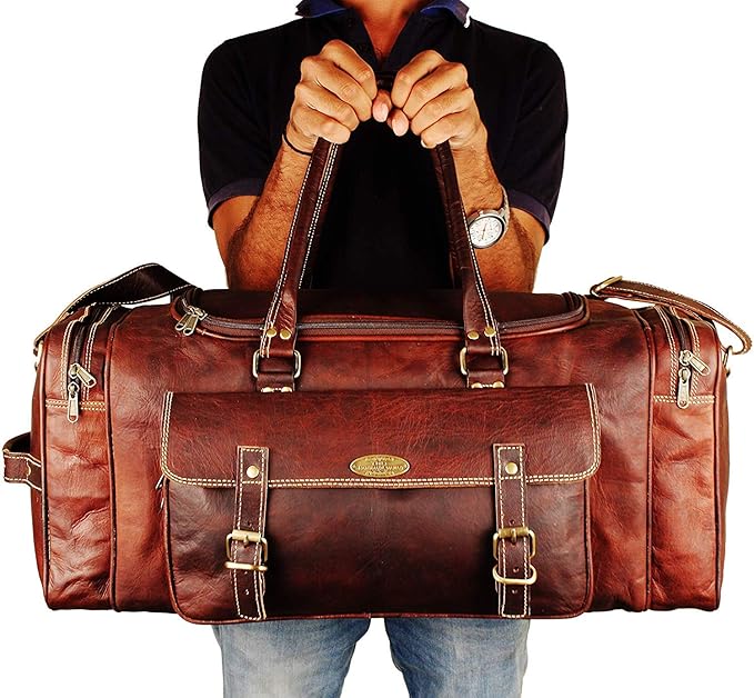 Men’s Gym Sports Overnight Weekender Bag Leather Travel Bags For Men Vintage Leather Duffle Bag Women Carry On Travel Holdall Bag 24 Inches