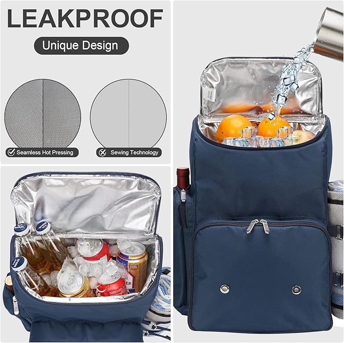 Picnic Backpack for 4 Person with Large Insulated Cooler Bag, Picnic Basket Set with Wine Pouch, Waterproof Picnic Blanket & Cutlery Set. Perfect for, Camping, Party,Wedding Gift for Couple,Blue