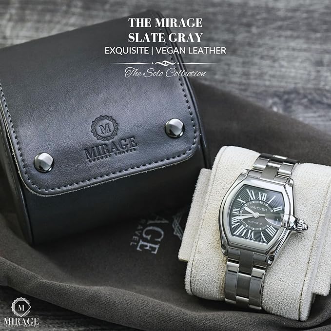 Gray/Ivory - 1 Watch Travel Case for Men - Single Watch Case Storage - Gift Idea Travel Accessory - Slate Gray/Ivory - Mirage Watch Roll Cases Vegan Leather