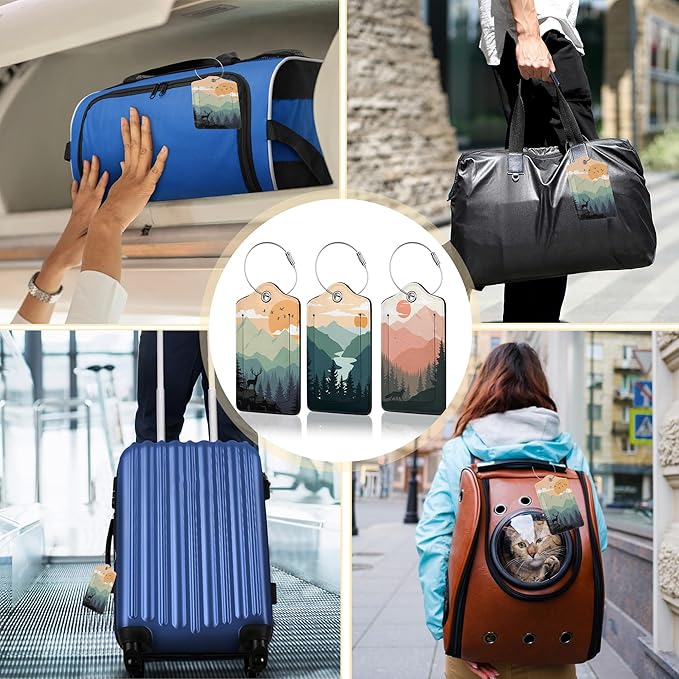 Sunset Landscape Luggage Tag for Suitcase,Mountain Tree Design with Privacy Flap Name ID Label Metal Loop, 3 Pack