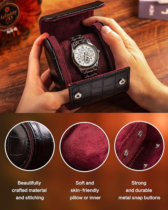 MR.OKAY Single Watch Travel Case- Classic Leather Watch Case With Superb Texture.(Portable Watch Roll Or Organizer For Storage And Display).Festival Gift For Men, All Handcrafted By Artisans.
