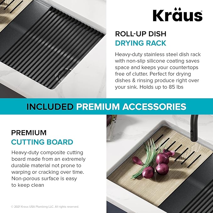 KRAUS Kitchen Sink Bellucci 29” Undermount Workstation Granite, Metallic Gray, Accessories, KGUW2-30MGR