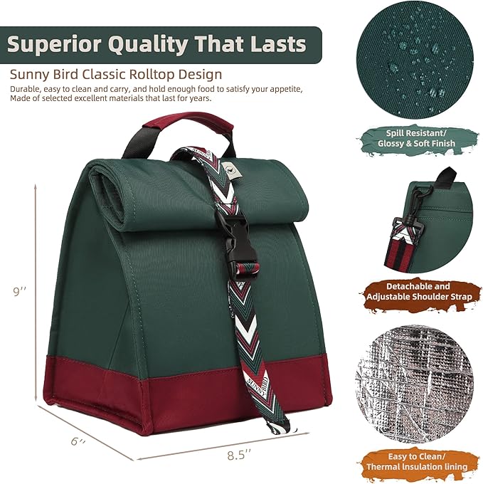 SUNNY BIRD Insulated Lunch Bag Rolltop Lunch Box Tote Bag for Women, Men, Adults and Teens (Green with Boho strap)
