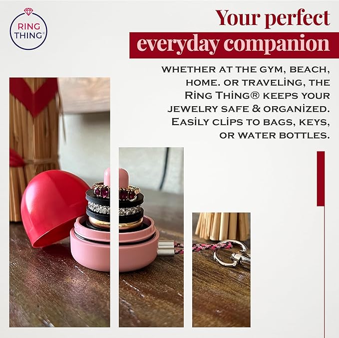 RING THING - Ring Holder Keychain, Jewelry Organizer and Storage, Portable Waterproof Ring Holder, Pill Box Keychain Container, Gym Accessory, and Travel Ring Case (Pink & Red)