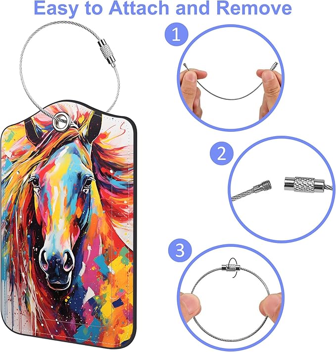 Set of 2 Luggage Tags for Suitcase Abstract Horse Leather Baggage Tags Set with Stainless Steel Loop Name Address Labels Privacy Cover for Men Women Travel Bag Suitcase, 4.6 x 2.7 inch
