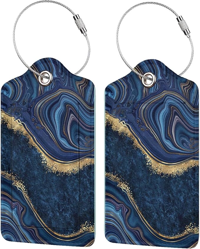 2PC Dark Blue Marble Luggage Tags Leather Suitcase Tag Privacy Name ID Card Quick to Find Out Travel Bag Labels with Stainless Steel Loop for Women Men Chilren Set of 2