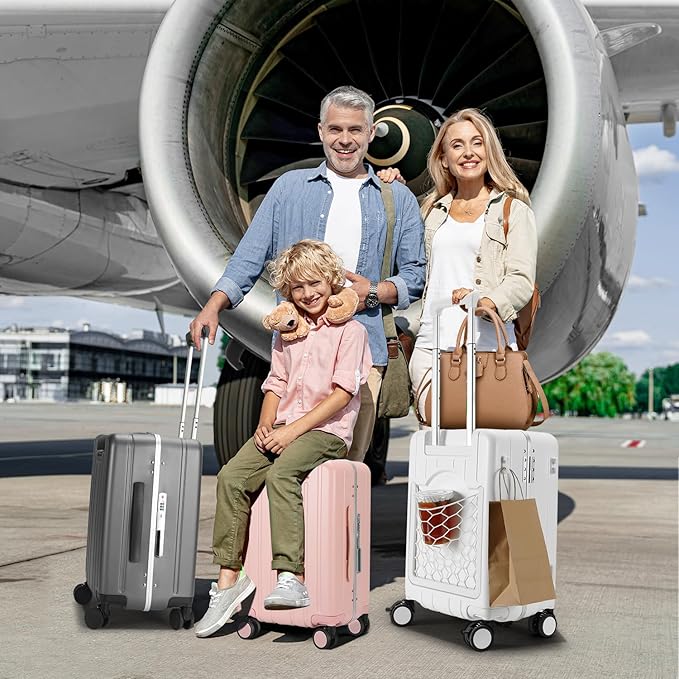 MRPLUM Carry On Luggage Double Handle Suitcase with Net Pocket,Hard Shell Spinner Wheels Luggage with TSA Lock&Seat Belt,20 inch,Grey