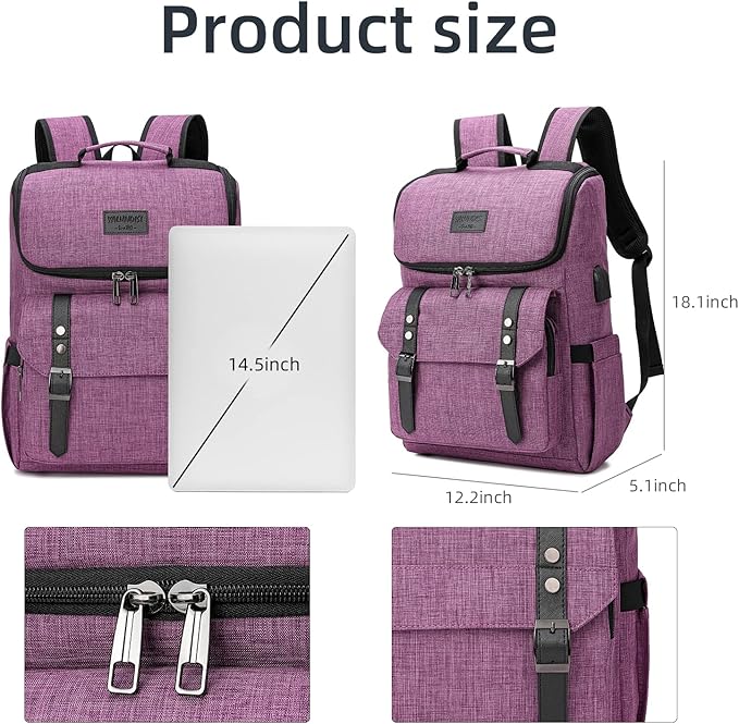 YALUNDISI Vintage Backpack Travel Laptop Backpack with usb Charging Port for Women & Men College Backpack Fits 15.6 Inch Laptop Purple