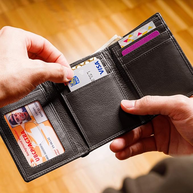 ID Stronghold Men's Leather Trifold Wallet - RFID Blocking - Brown Wallet with Gift Box