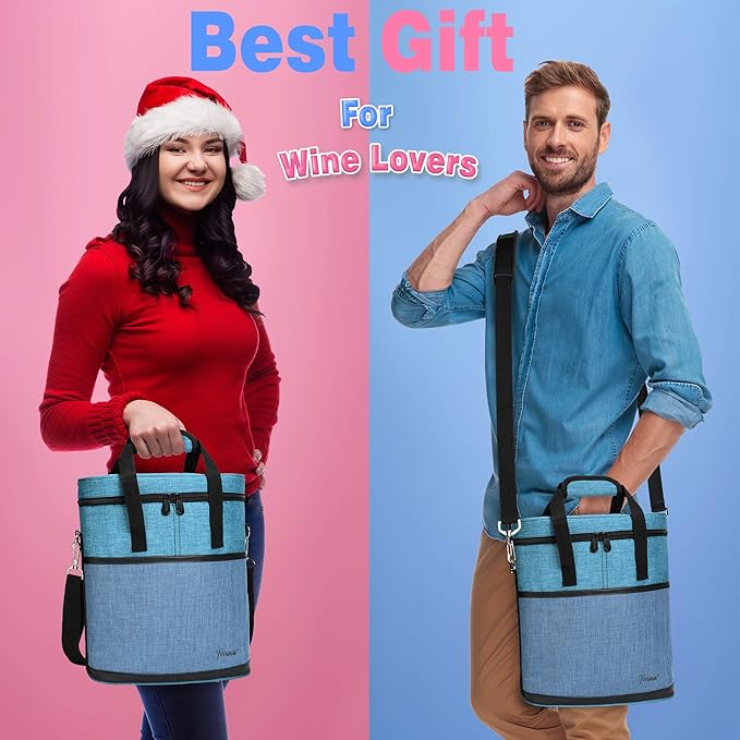 Tirrinia Insulated Wine Gift carrier - 3 Bottle Travel Padded Wine Carry Cooler Tote Bag with Handle and Adjustable Shoulder Strap, Blue