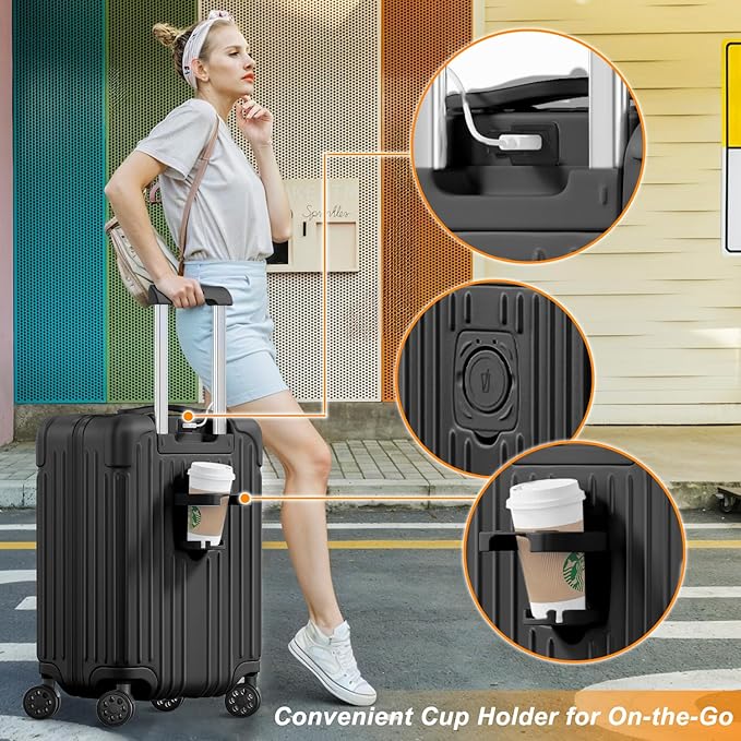 Krute Luggage Sets 2 Piece Suitcase with Spinner Wheels PC+ABS Hardside Suitcases Charging Port TSA Lock Carry On Luggage with Cup Holder 20+28 Inch