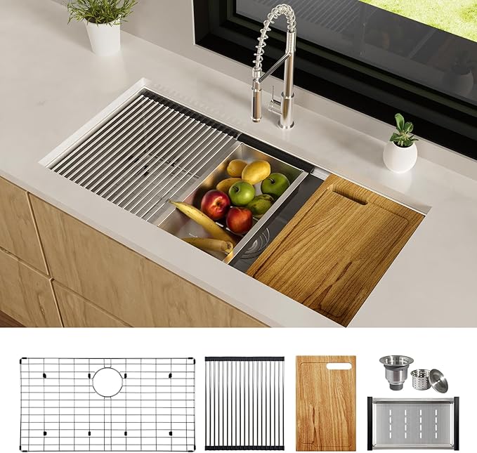 36 Inch Workstation Kitchen Sink, TECASA Undermount Deep Single Bowl, 16 Gauge Stainless Steel with Integrated Ledge and Accessories, World-Class Manufacturing Standard (18" x 36" x 10")