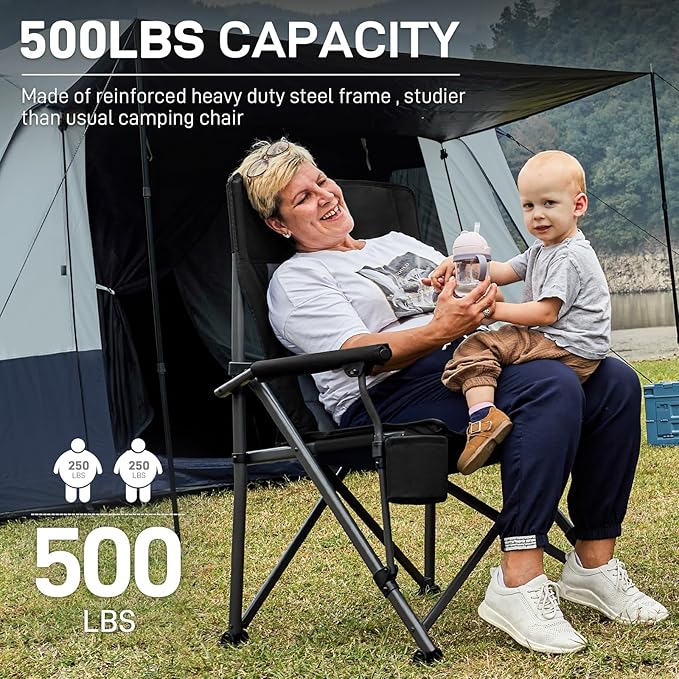 EVER ADVANCED Oversized Folding Camping Chair for Adults, Heavy Duty Lawn Chair with Side Pockets, Portable Collapsible Quad Chair for Outside, Support Up to 500lbs, Black 2PACK