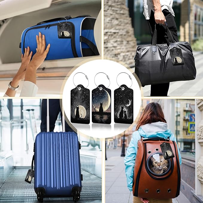 3 Pack Black Cat Luggage Tags for Suitcases, Moon Night Cute Leather Name Tag with Privacy Cover with Stainless Steel Loops, Travel ID Bag Tags for Women Men